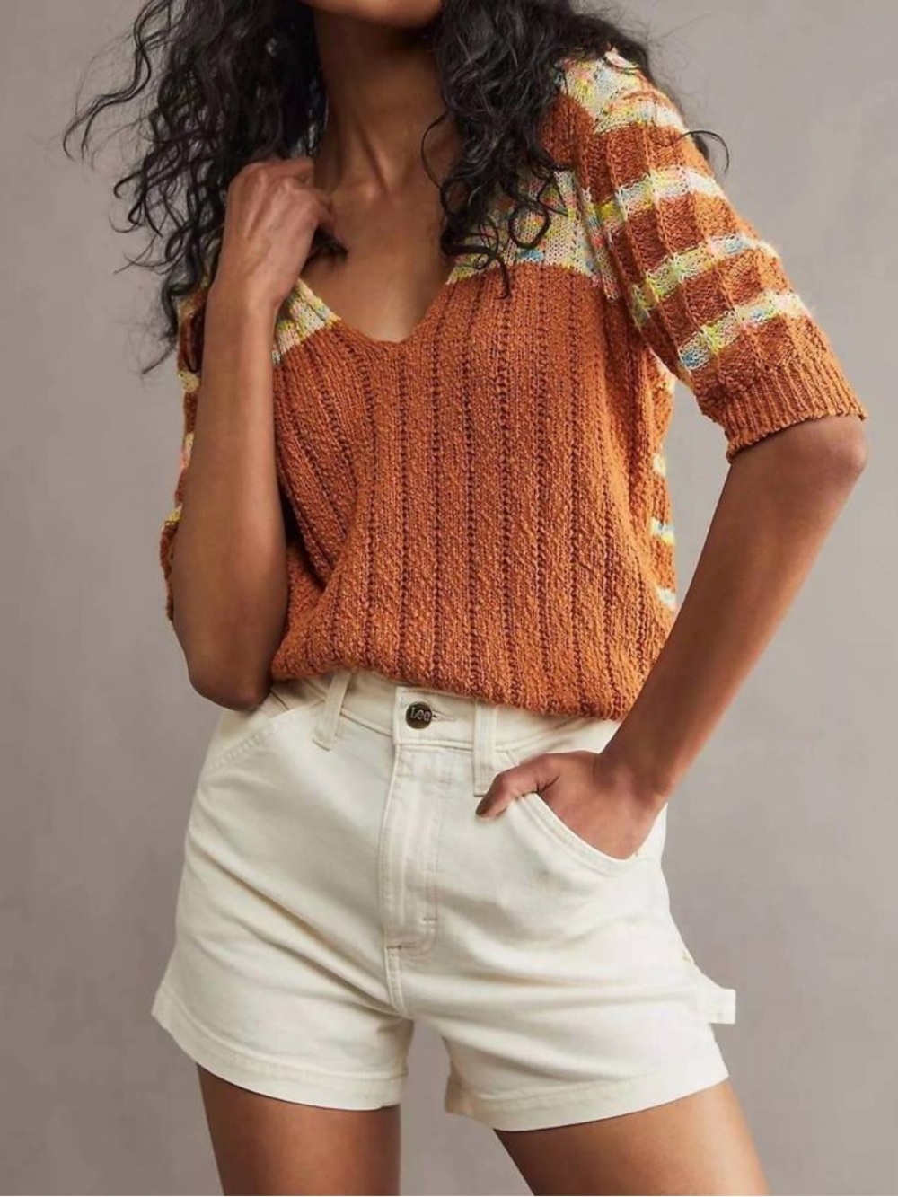 Free People Now and Then Henley in Cinnamon Combo knit sweater stripe